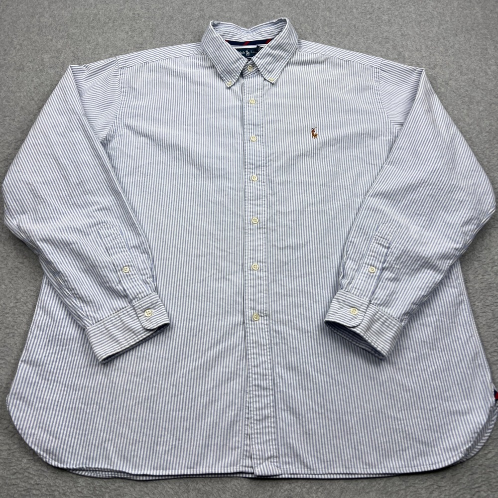 Ralph Lauren Shirt Mens XXL Blue Striped Classic Long Sleeve Flesh Pony Button
